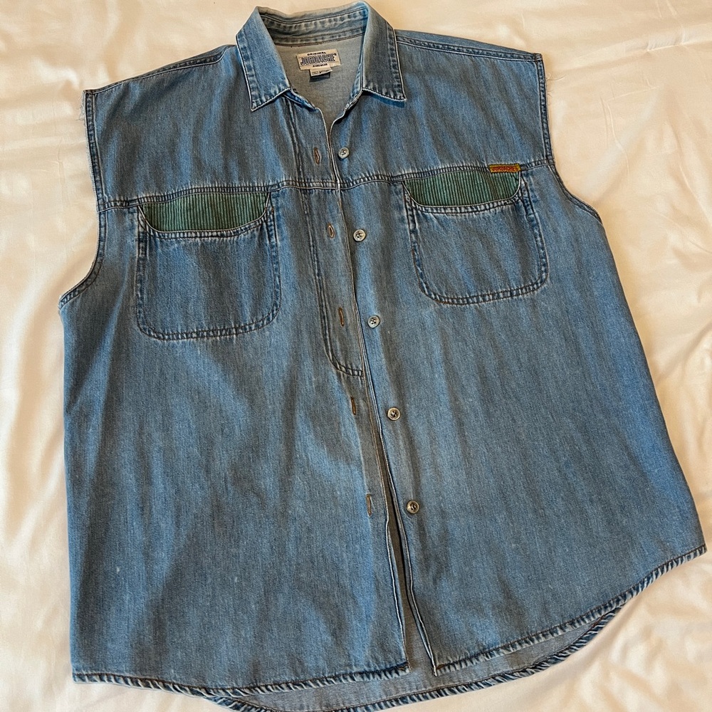 Vintage Jordache Denim Sleeveless Button-Up Shirt with Green Corduroy Accents